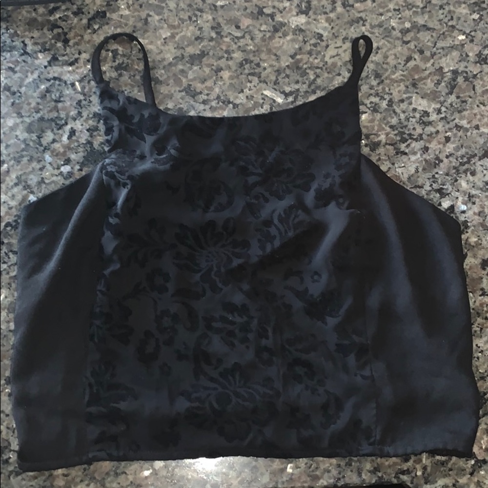 Black crop top with velvet floral detail